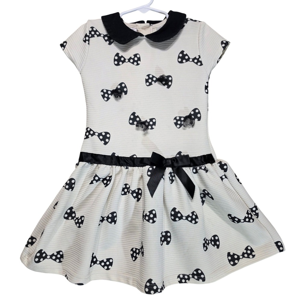 Blueberi Boulevard Girls Sz 6 White Black Polka Dot‎ Bow Dress Peter Pan Collar
